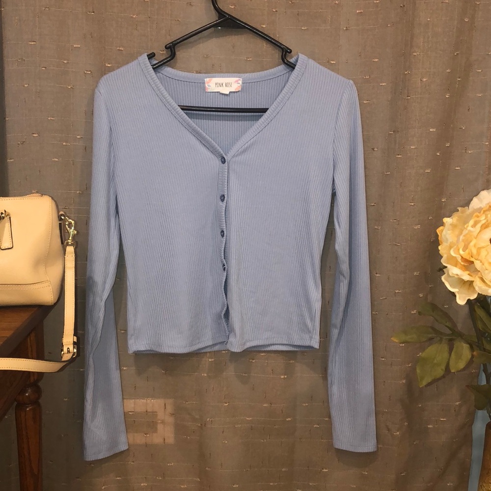 Periwinkle Ribbed Button Up Long Sleeve